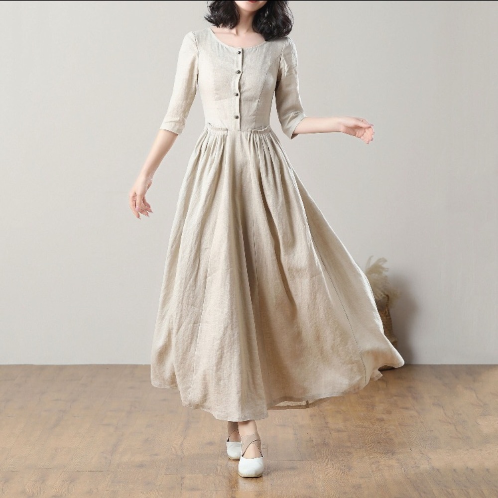 100% Linen button-front midi Dress